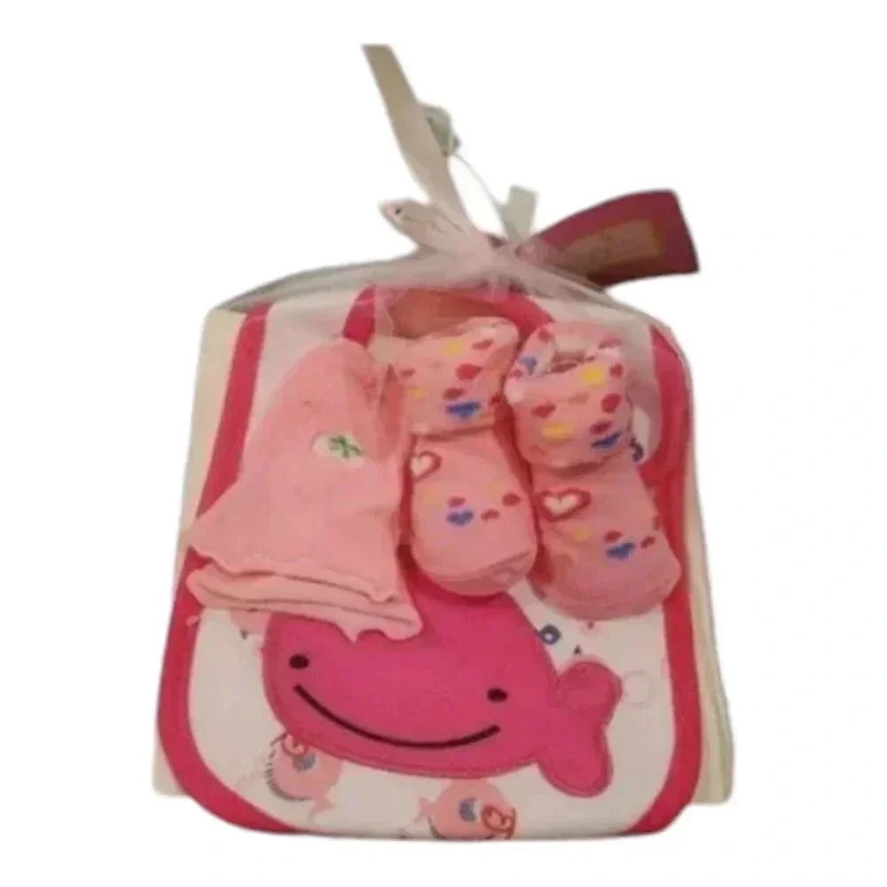 Pink Whale Bib, Mittens, Socks Gift Set, Newborn Girl Baby Gift Set Essentials